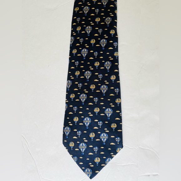 Men’s 100% silk navy blue neck tie with pattern of yellow & blue hot air balloon - Picture 2 of 4
